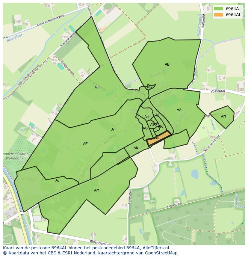 Afbeelding van het postcodegebied 6964 AL op de kaart.