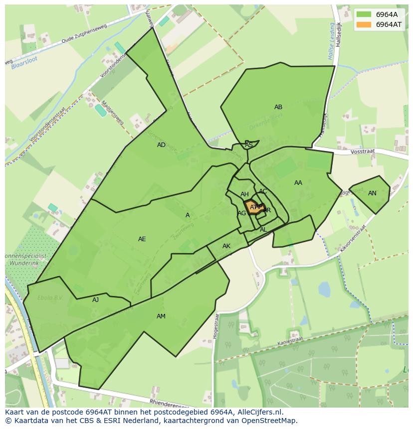 Afbeelding van het postcodegebied 6964 AT op de kaart.