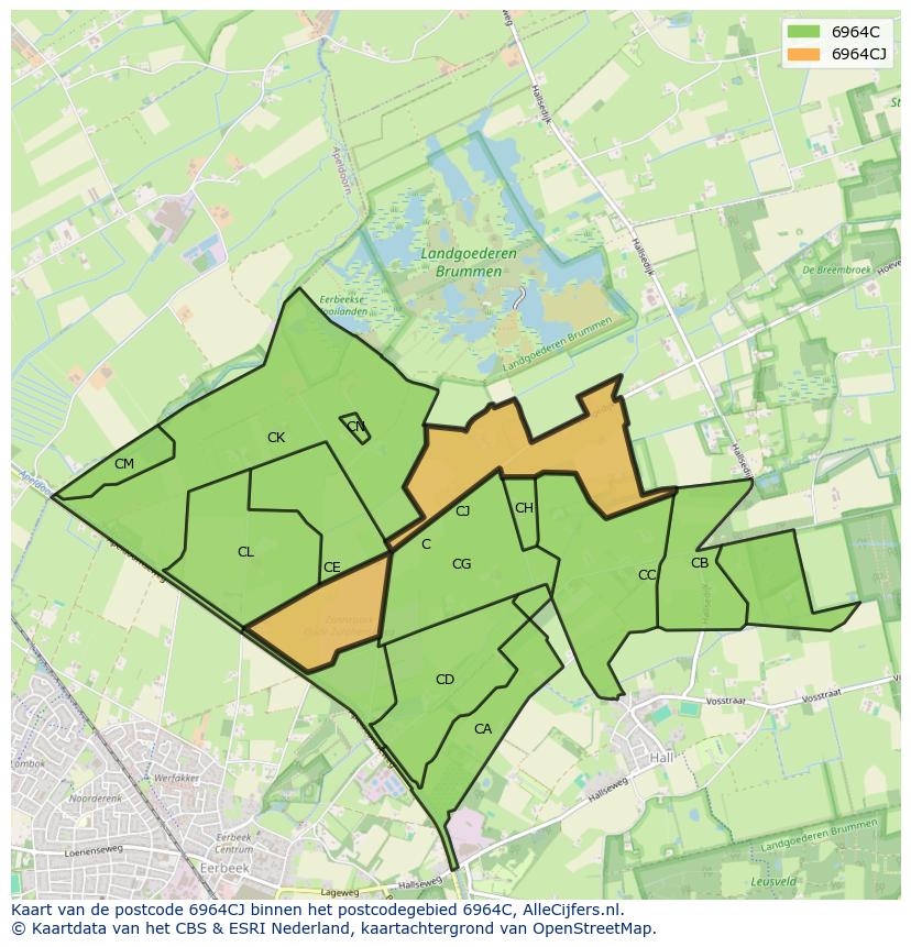Afbeelding van het postcodegebied 6964 CJ op de kaart.