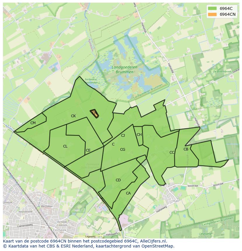 Afbeelding van het postcodegebied 6964 CN op de kaart.