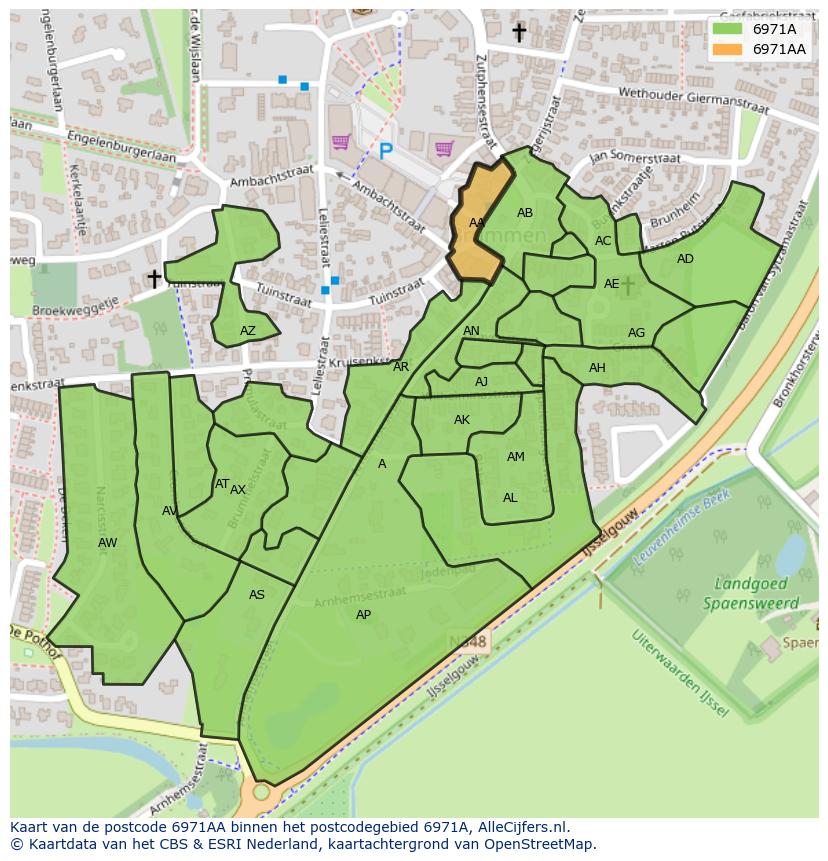 Afbeelding van het postcodegebied 6971 AA op de kaart.