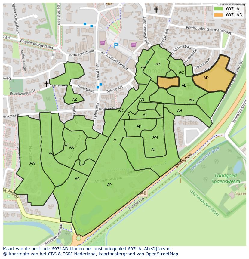 Afbeelding van het postcodegebied 6971 AD op de kaart.