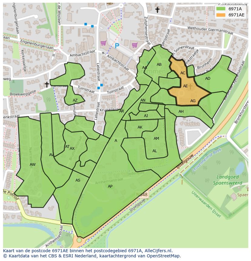 Afbeelding van het postcodegebied 6971 AE op de kaart.
