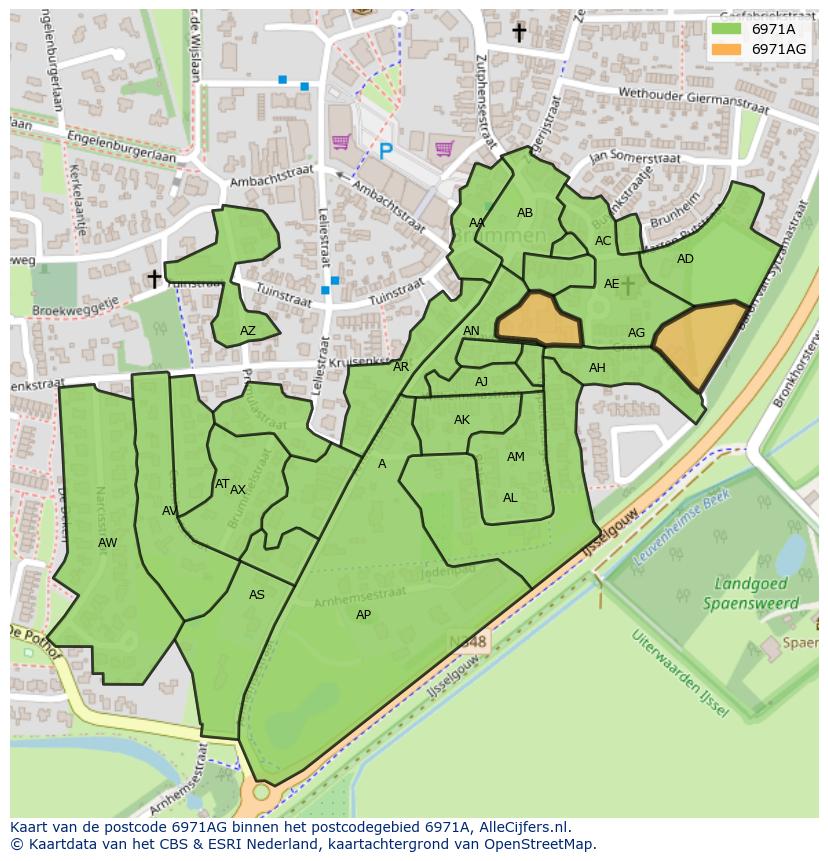 Afbeelding van het postcodegebied 6971 AG op de kaart.
