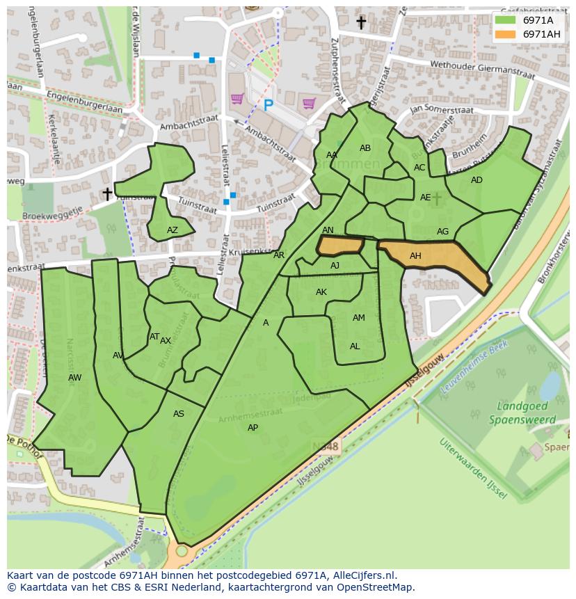 Afbeelding van het postcodegebied 6971 AH op de kaart.