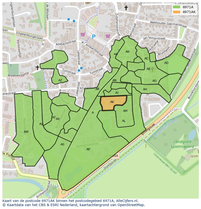 Afbeelding van het postcodegebied 6971 AK op de kaart.