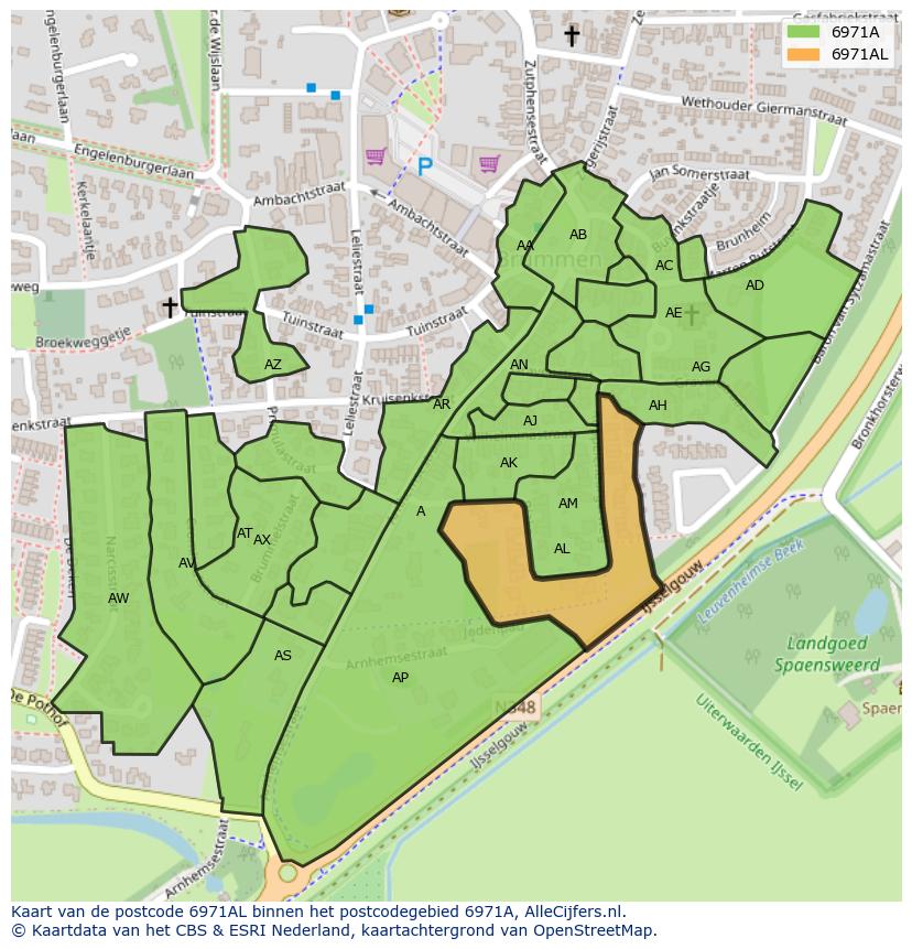 Afbeelding van het postcodegebied 6971 AL op de kaart.