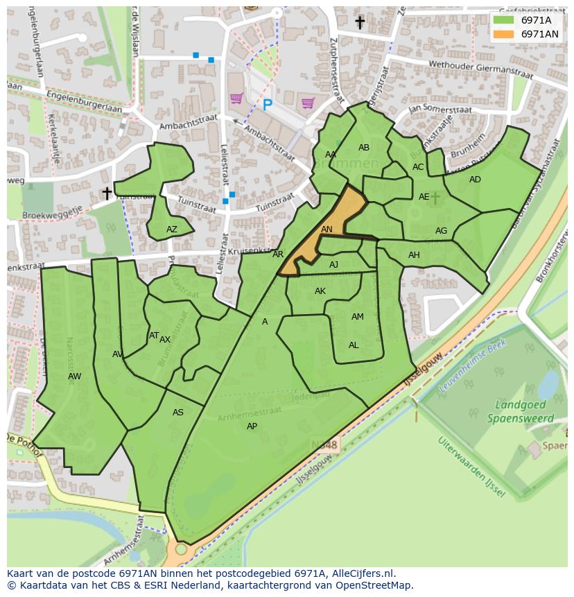 Afbeelding van het postcodegebied 6971 AN op de kaart.