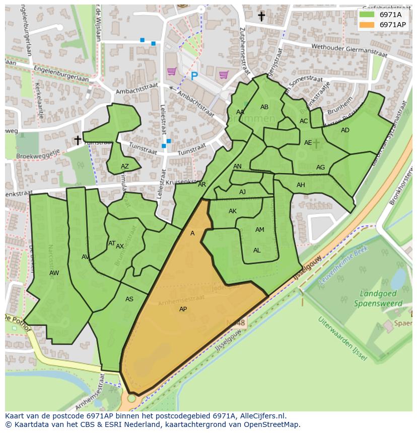 Afbeelding van het postcodegebied 6971 AP op de kaart.
