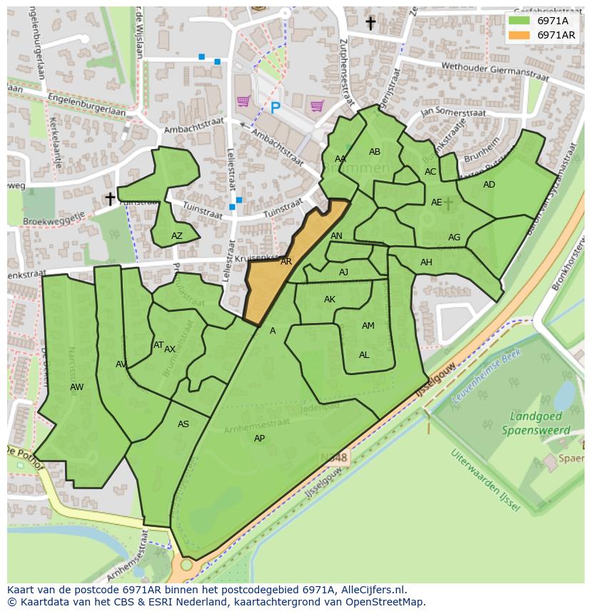 Afbeelding van het postcodegebied 6971 AR op de kaart.