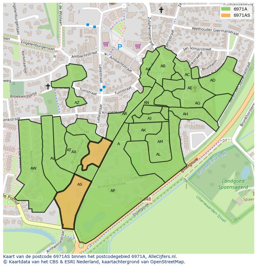 Afbeelding van het postcodegebied 6971 AS op de kaart.