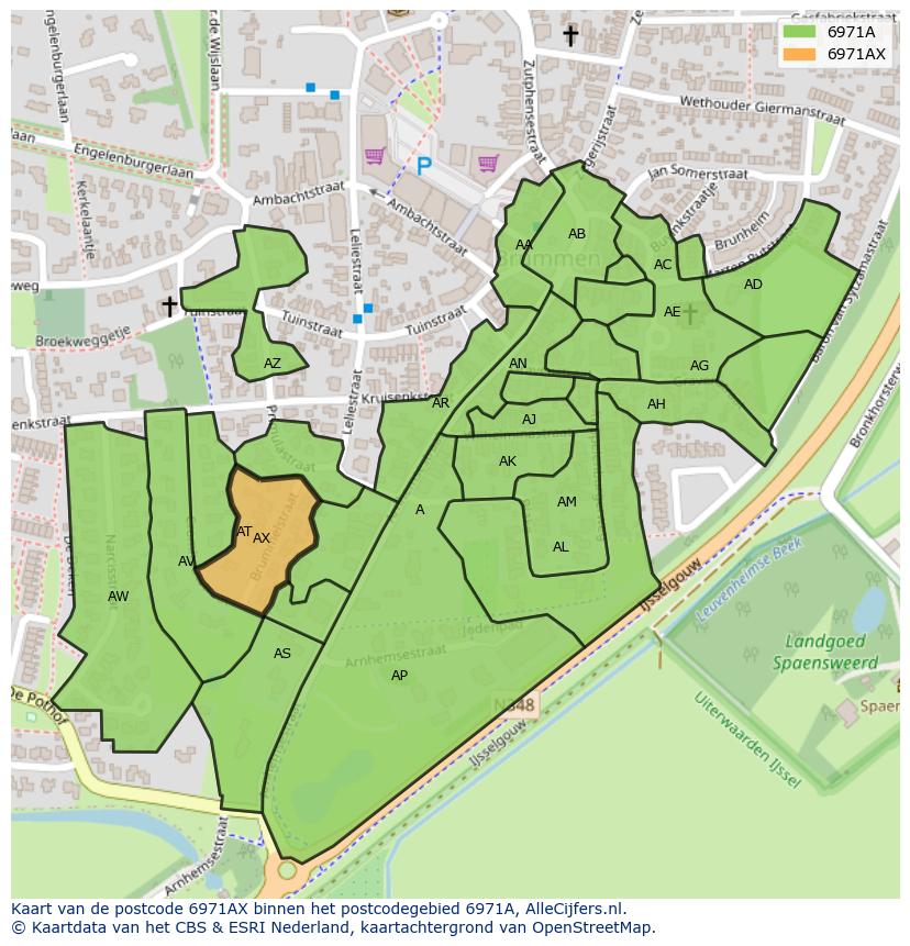 Afbeelding van het postcodegebied 6971 AX op de kaart.