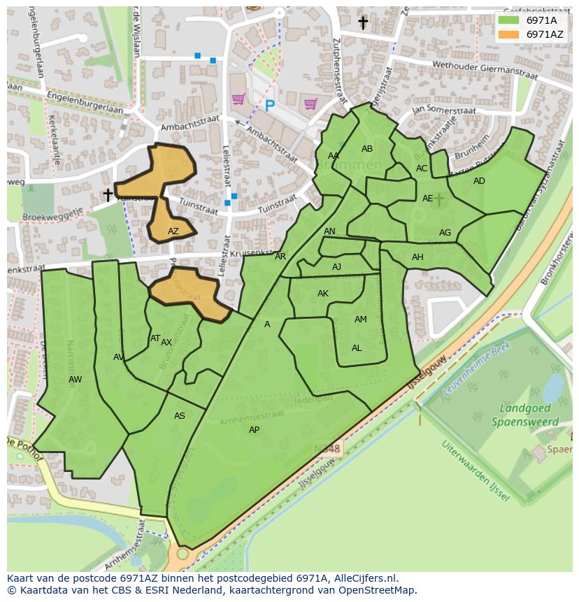 Afbeelding van het postcodegebied 6971 AZ op de kaart.
