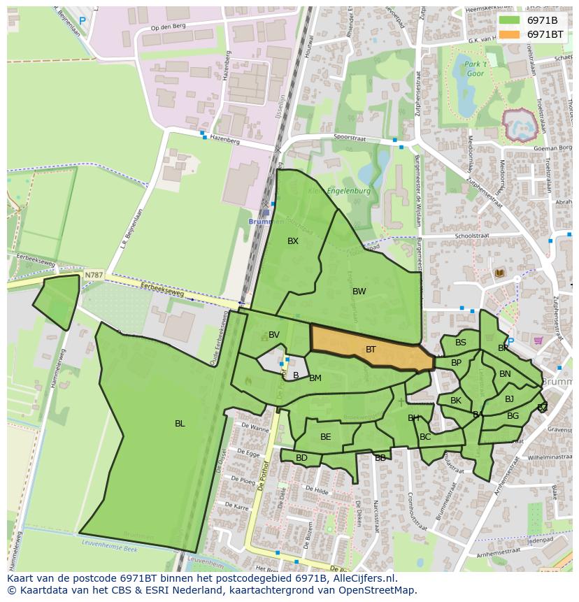 Afbeelding van het postcodegebied 6971 BT op de kaart.