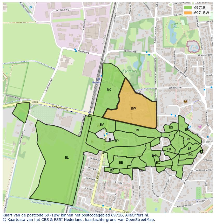 Afbeelding van het postcodegebied 6971 BW op de kaart.