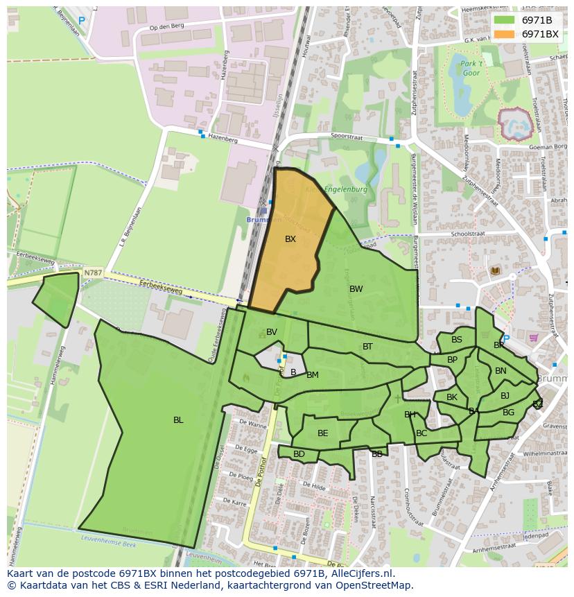 Afbeelding van het postcodegebied 6971 BX op de kaart.