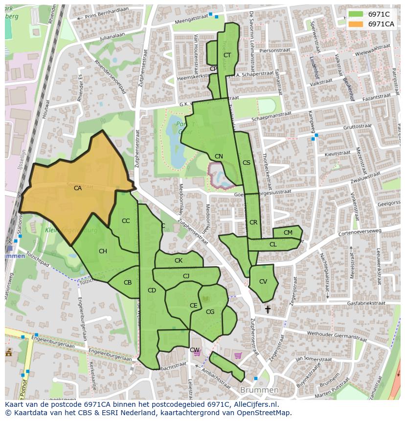 Afbeelding van het postcodegebied 6971 CA op de kaart.