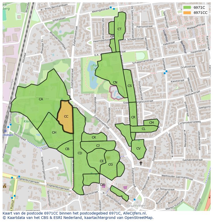 Afbeelding van het postcodegebied 6971 CC op de kaart.