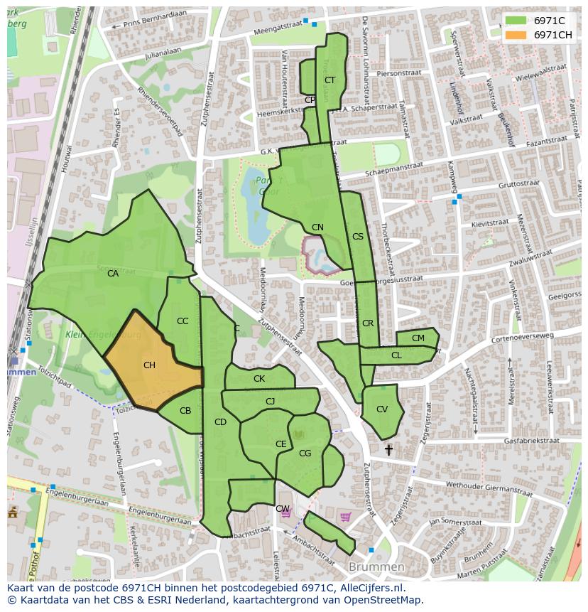 Afbeelding van het postcodegebied 6971 CH op de kaart.