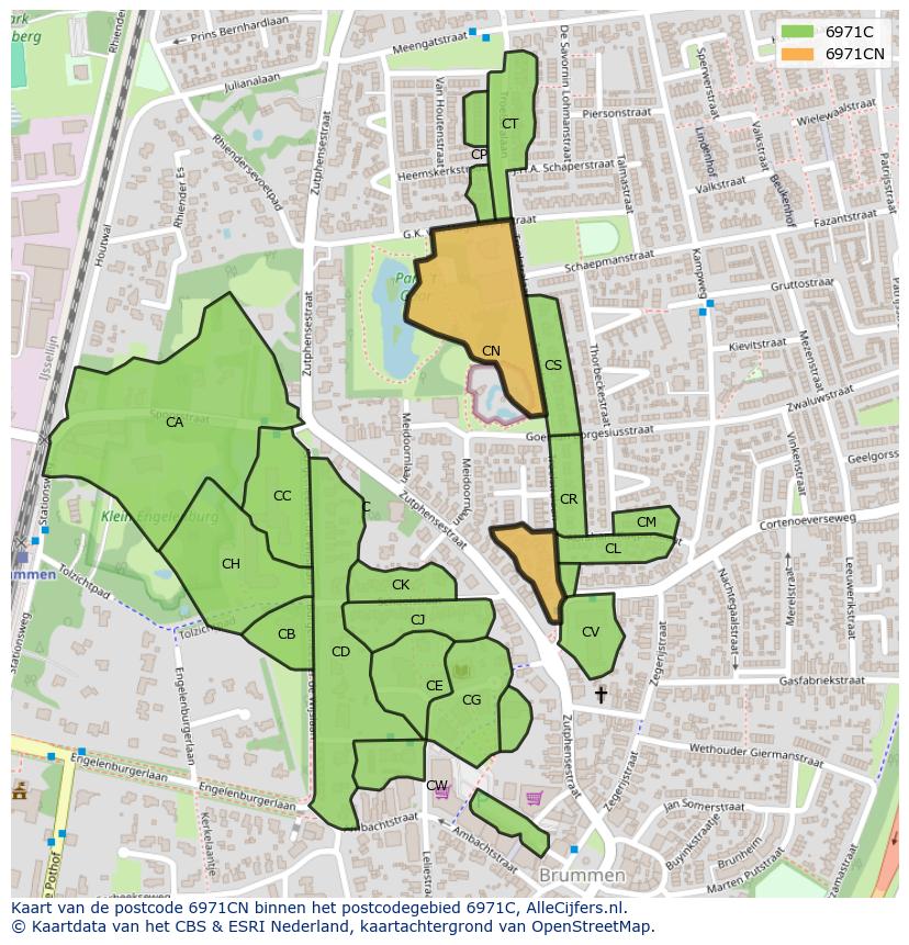 Afbeelding van het postcodegebied 6971 CN op de kaart.