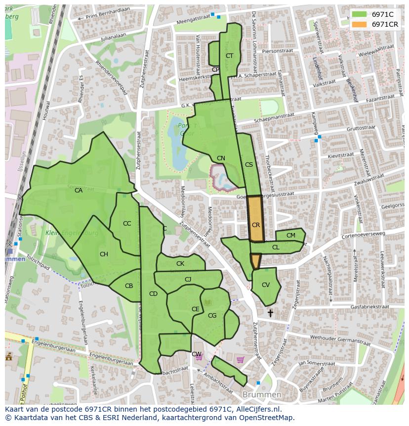 Afbeelding van het postcodegebied 6971 CR op de kaart.