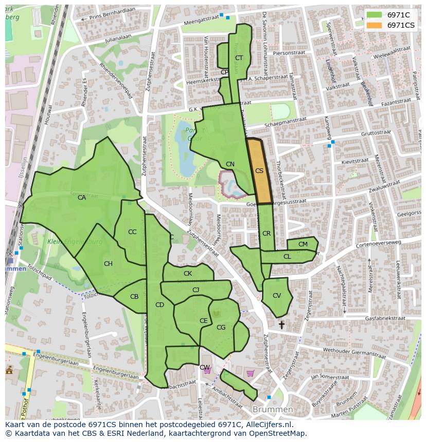 Afbeelding van het postcodegebied 6971 CS op de kaart.