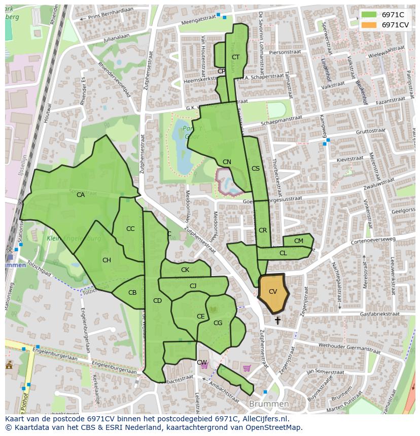 Afbeelding van het postcodegebied 6971 CV op de kaart.