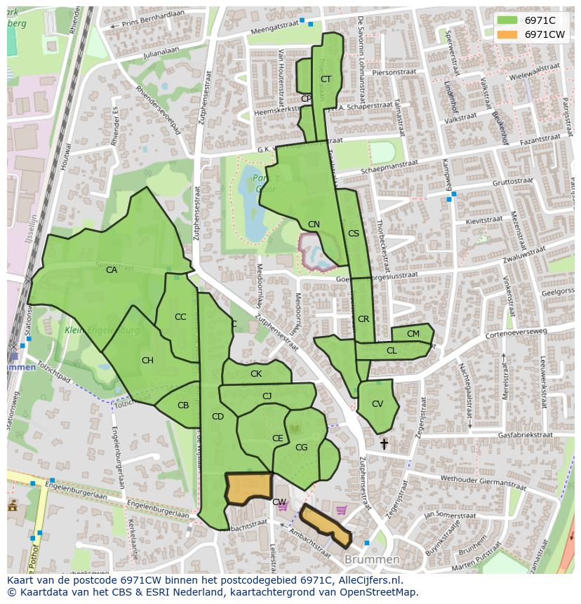 Afbeelding van het postcodegebied 6971 CW op de kaart.