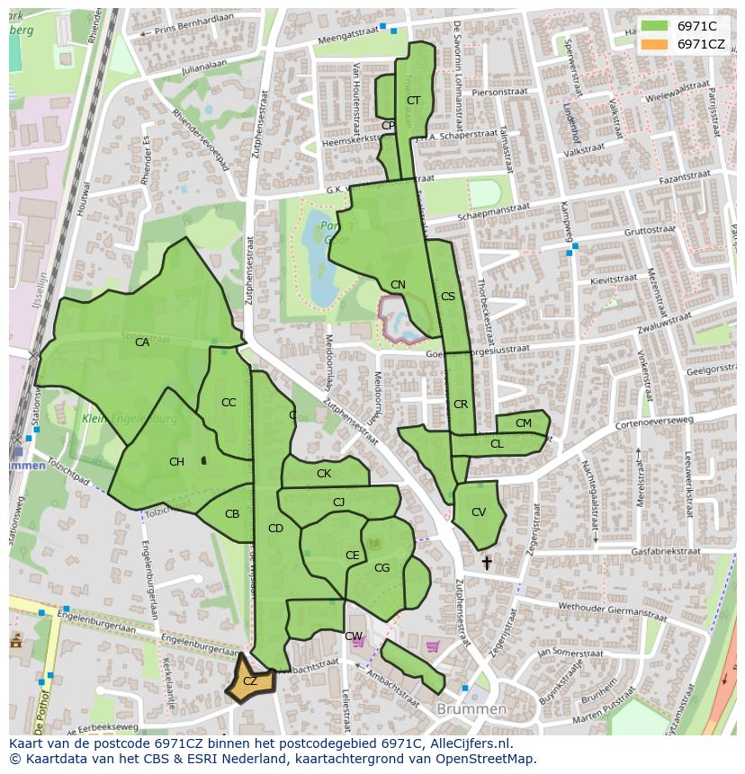 Afbeelding van het postcodegebied 6971 CZ op de kaart.