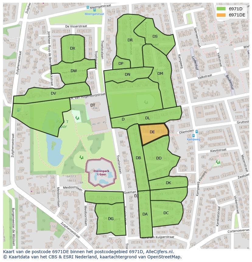 Afbeelding van het postcodegebied 6971 DE op de kaart.