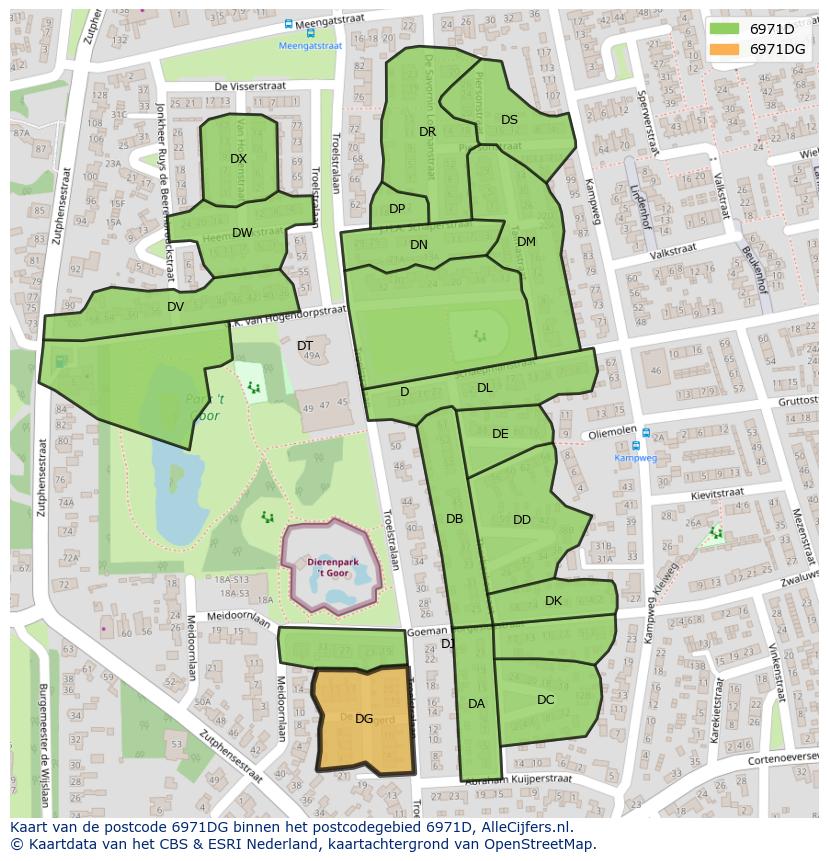 Afbeelding van het postcodegebied 6971 DG op de kaart.