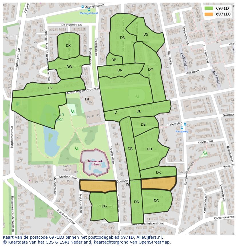 Afbeelding van het postcodegebied 6971 DJ op de kaart.
