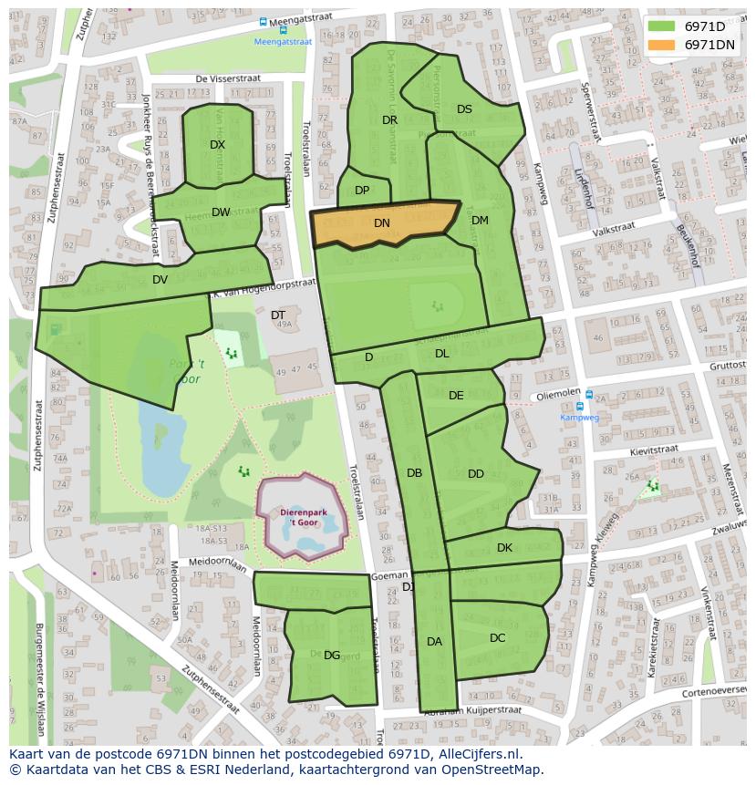 Afbeelding van het postcodegebied 6971 DN op de kaart.