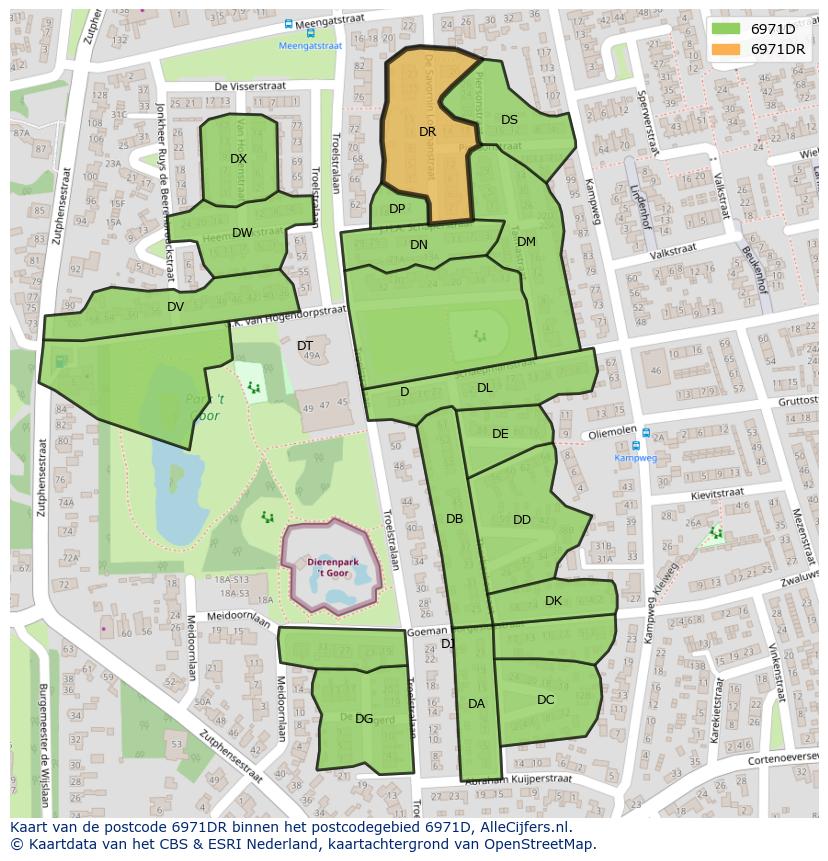 Afbeelding van het postcodegebied 6971 DR op de kaart.