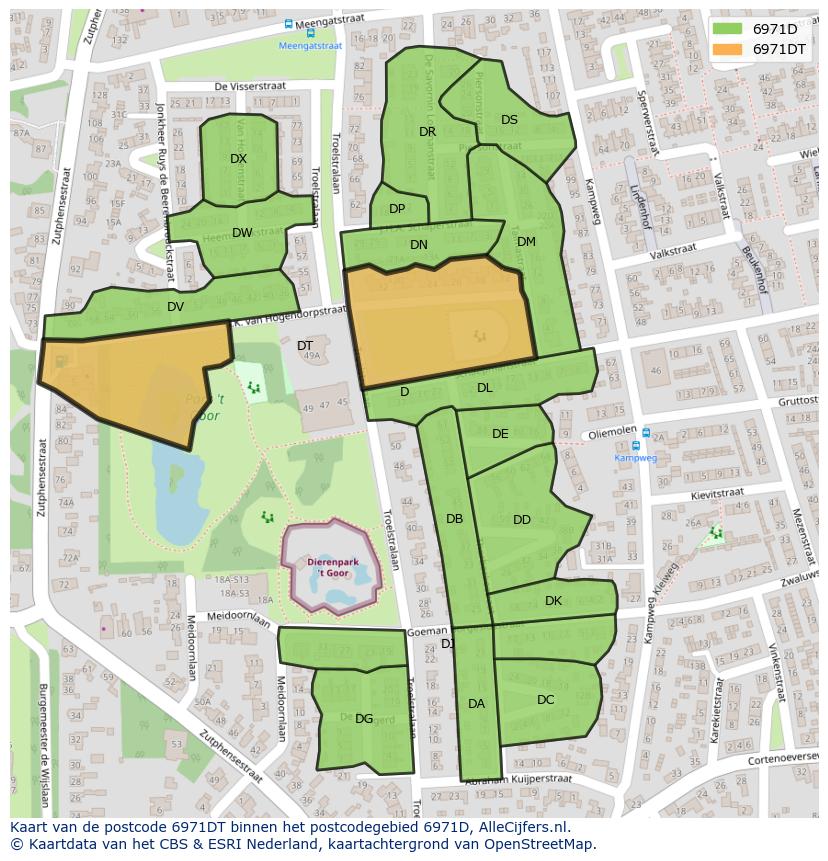 Afbeelding van het postcodegebied 6971 DT op de kaart.