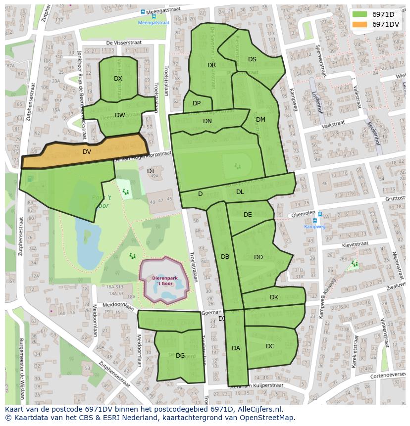 Afbeelding van het postcodegebied 6971 DV op de kaart.