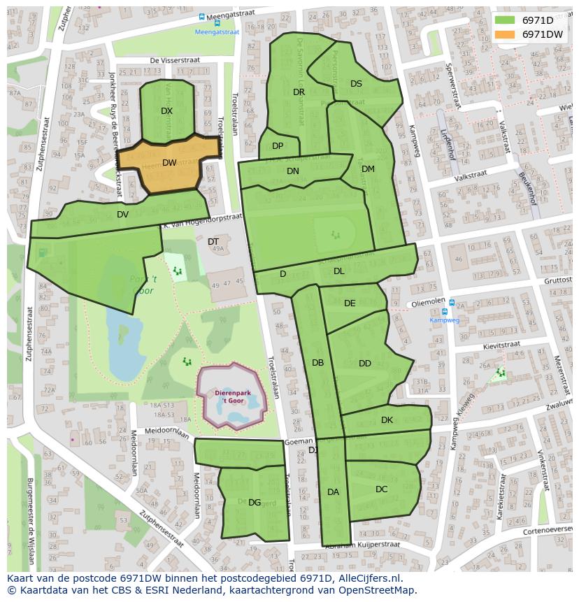 Afbeelding van het postcodegebied 6971 DW op de kaart.