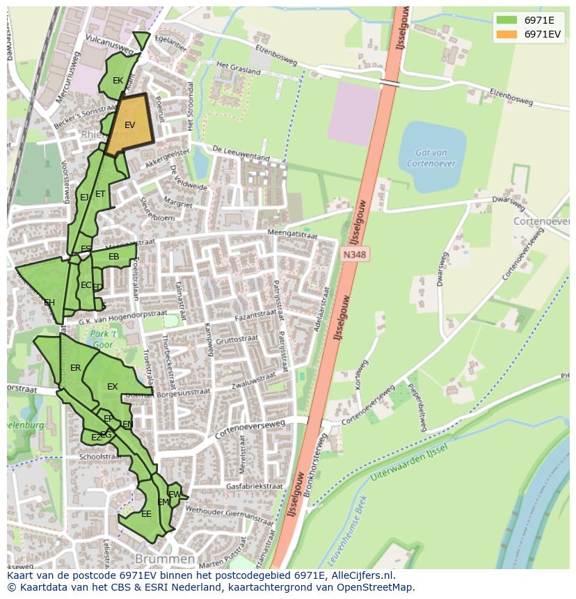 Afbeelding van het postcodegebied 6971 EV op de kaart.