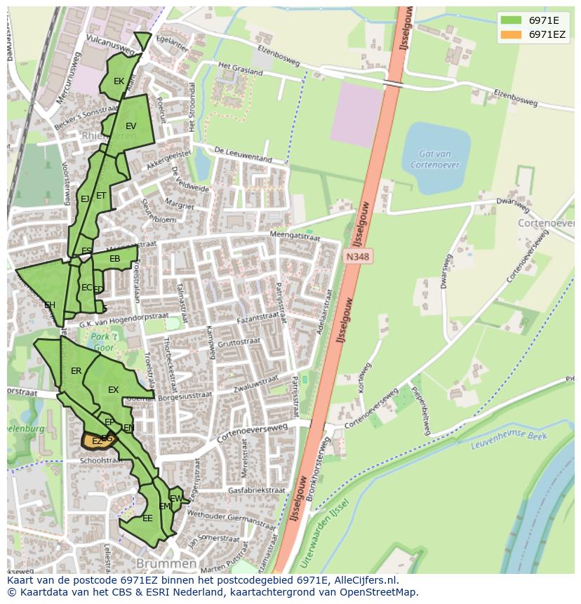 Afbeelding van het postcodegebied 6971 EZ op de kaart.