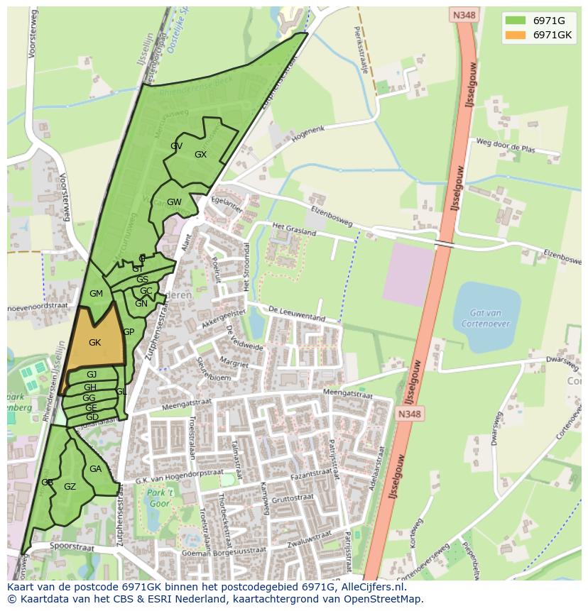 Afbeelding van het postcodegebied 6971 GK op de kaart.