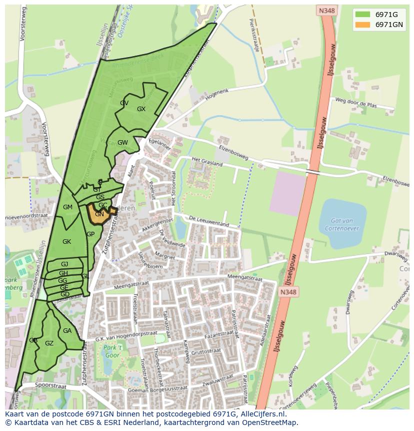 Afbeelding van het postcodegebied 6971 GN op de kaart.