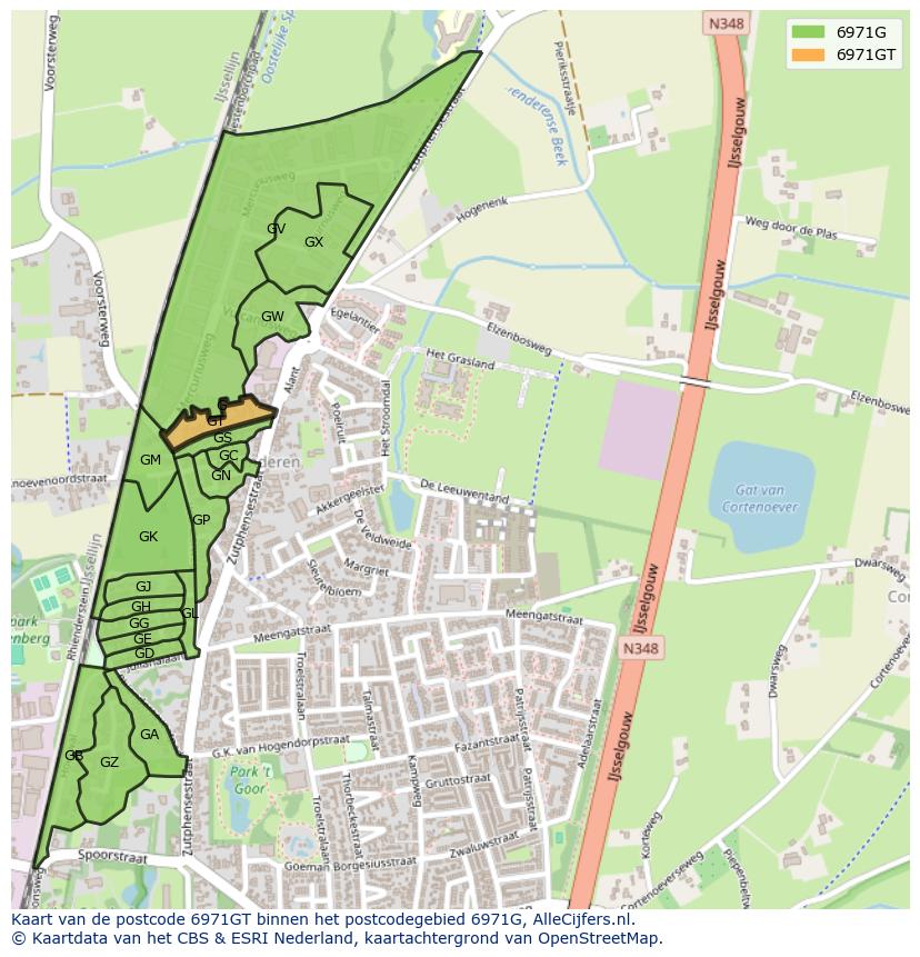 Afbeelding van het postcodegebied 6971 GT op de kaart.