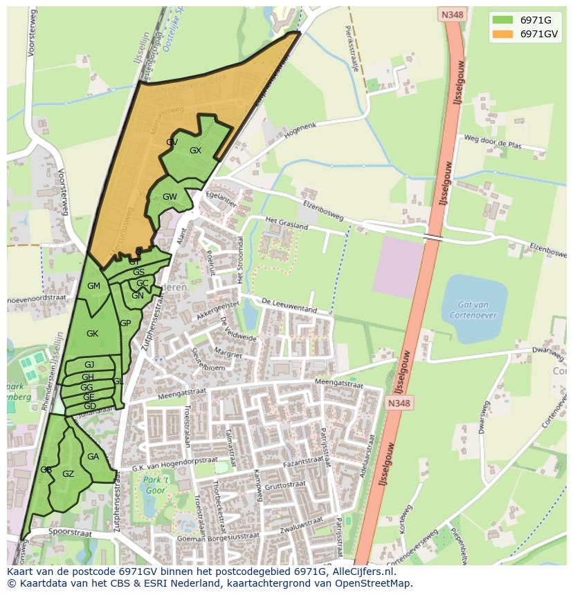 Afbeelding van het postcodegebied 6971 GV op de kaart.