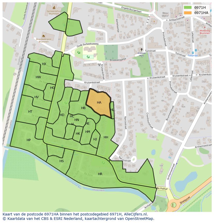 Afbeelding van het postcodegebied 6971 HA op de kaart.