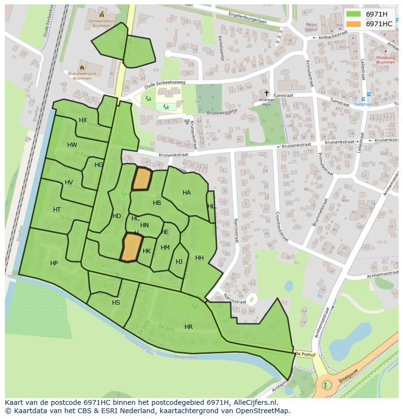 Afbeelding van het postcodegebied 6971 HC op de kaart.