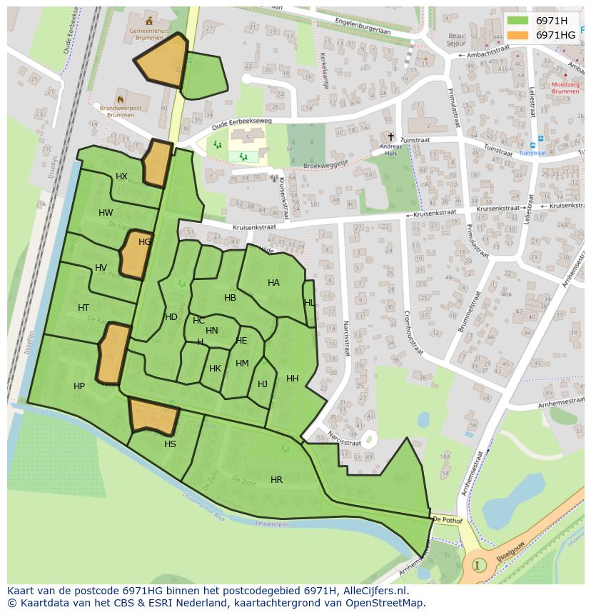 Afbeelding van het postcodegebied 6971 HG op de kaart.