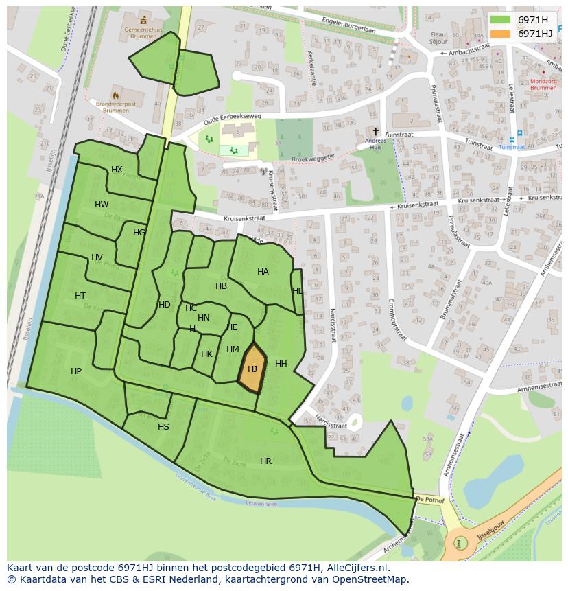 Afbeelding van het postcodegebied 6971 HJ op de kaart.