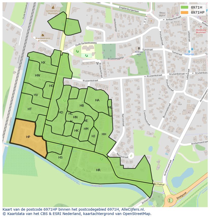 Afbeelding van het postcodegebied 6971 HP op de kaart.