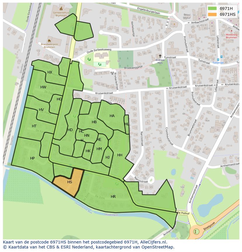 Afbeelding van het postcodegebied 6971 HS op de kaart.