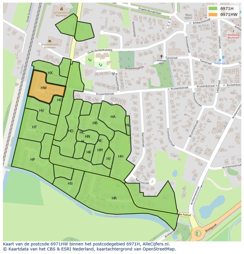 Afbeelding van het postcodegebied 6971 HW op de kaart.